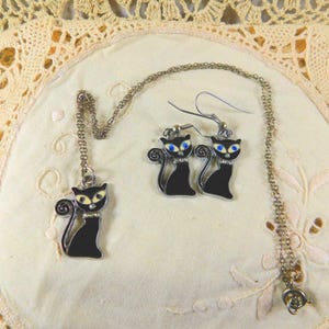 Girl&#39;s Black Kitty Jewelry Set, Black Cat Necklace & Earring Set-Crystal Collars, Feline Jewelry, Black Cats, Jewelry, Cat Lover&#39;s, Upcycled