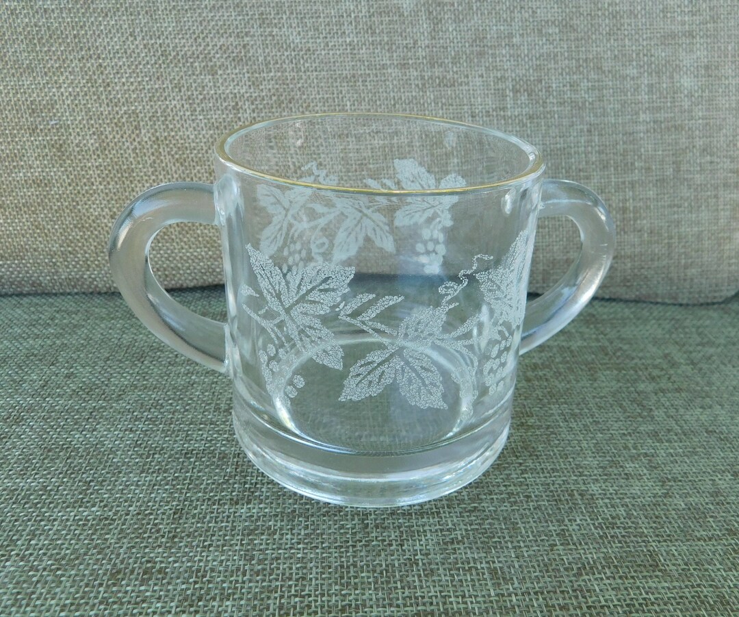 Acid Etched Glass Sugar Bowl With Grape and Leaf Design, 1950's Glass Sugar Bowl W/gold Leaf Rim