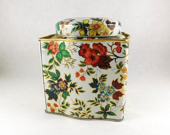 Daher Decorative Biscuit Tin, Vintage 80's, 4" Square X 4-3/8 Inches Tall, Fancy Florals w/Gold Outlining, Stamped Logo on Bottom, N.Y/Eng.