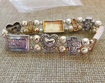 Vintage Silver Friendship Bracelet: Hearts, Crosses, Beaded Stretch Jewelry