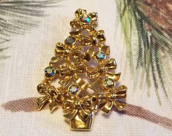 Avon Gold Bow Tree Brooch with Aurora Borealis Crystals, Christmas Brooch, Holiday Brooch, Crystal Brooch, Christmas Tree, Holiday Jewelry