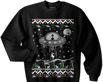 UFO Ugly Christmas Sweater, Alien, Spaceship, NASA, Holiday, Glow in the dark