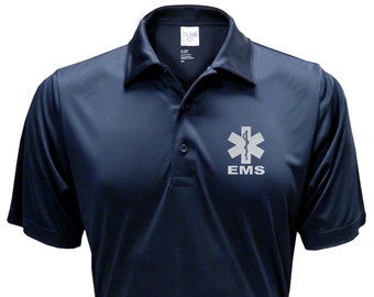 EMS Navy polo, REFLECTIVE design, moisture wicking, Emergency Medical Services, First Responder