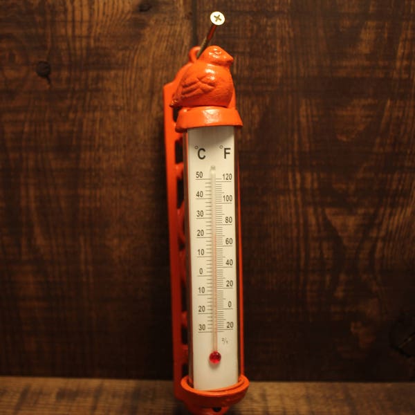 D.M.T.C. Cast iron bird thermometer holder with scrolled bracket. Fire Orange