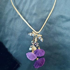 Dangling necklace with beads and tassels, boho style brass necklace, gift for her