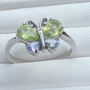 Butterfly Ring with Peridot and Tanzanite I  White Gold Ring plated over 925 Sterling Silver I Gemstone Ring I Gift for her I Birth Gemstone