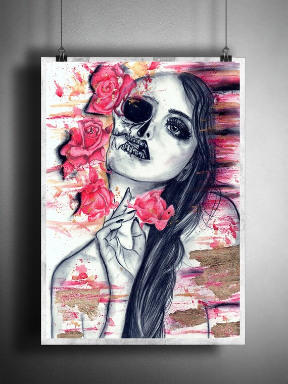 Floral skull art print / woman art print / original Fantasy | Etsy