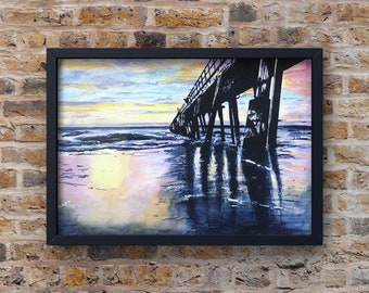 Australian Beach Print, Sunset, Ink and Watercolour Painting, Jetty, Ocean Painting, Beach Poster