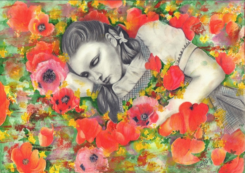 Wizard Of Oz Fine Art Print Girls Bedroom Print Dorothy Gale Poppies Fantasy Art Illustration Original Hand Drawn Art Gift
