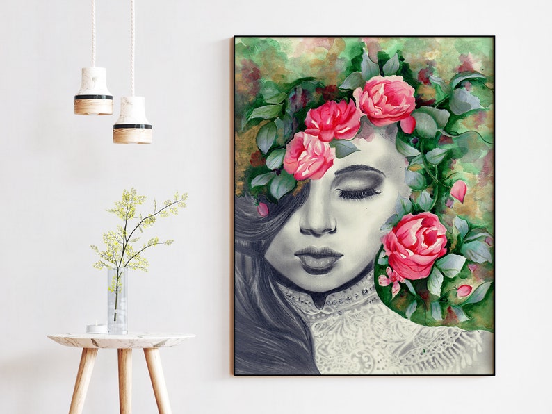 Abstract portraits showing women with rose covered faces Canvas Art Prints