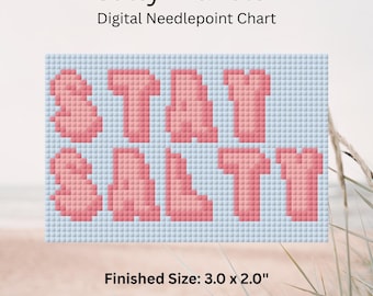 Stay Salty Needlepoint-mönster | Rolig bagageetikettdesign | Rosa bokstäver på blått | Direktnedladdning | Needlepoint-diagram