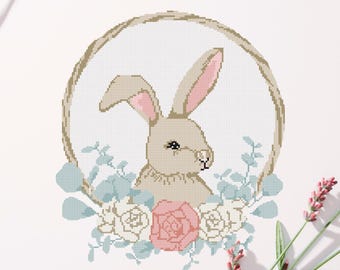 Kanin och blomma nålmönster | Söt kaninkransdesign | Direkt nedladdning | Nålmönsterdiagram | Vår- och blomsterdekorationer