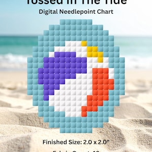 May include: Digital needlepoint chart titled "Tossed In The Tide." The design features a pixelated beach ball in shades of blue, purple, orange, yellow, and white. Finished size is 2.0 x 2.0 inches. Fabric count is 12.