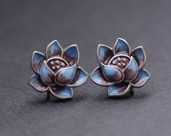 Cloisonne lotus stud earrings nice retro solid s925 sterling silver flower earrings