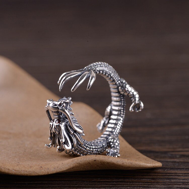 Retro fine Dragon ring solid s925 sterling silver mens open Etsy