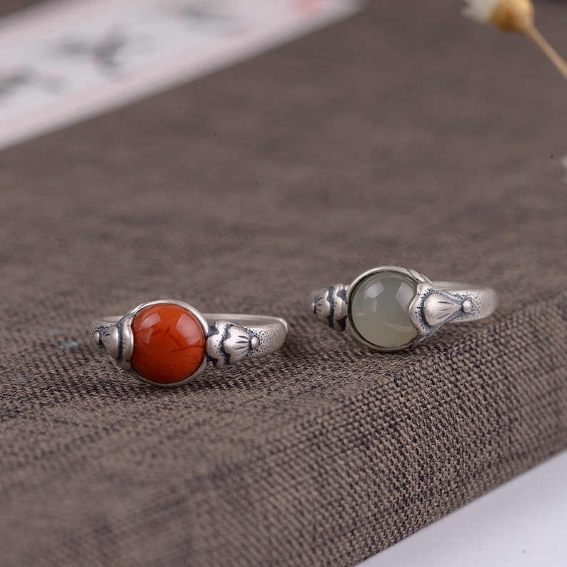 round nephrite and agate ring fine solid s925 sterling silver open ring