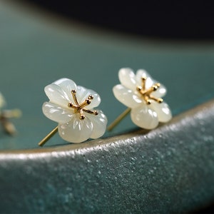 White Jade Flower Earrings Fine Gild Solid S925 Sterling - Etsy