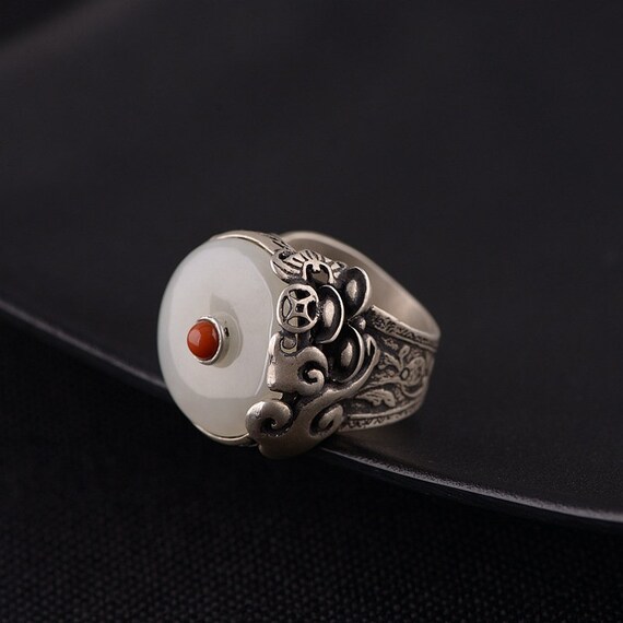 Retro Nephrite Jade Ring Fine S925 Sterling Silver Flower - Etsy