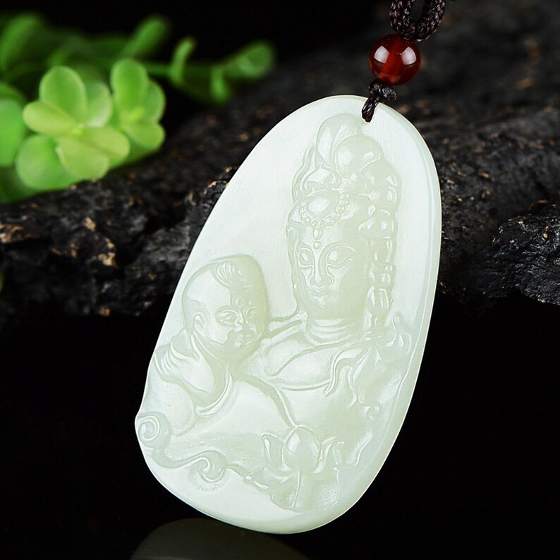 Nephrite Guanyin Buddha pendant fine oval white jade amulet | Etsy