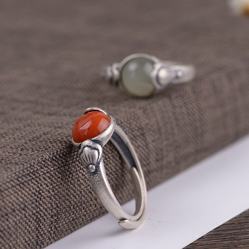 round nephrite and agate ring fine solid s925 sterling silver open ring