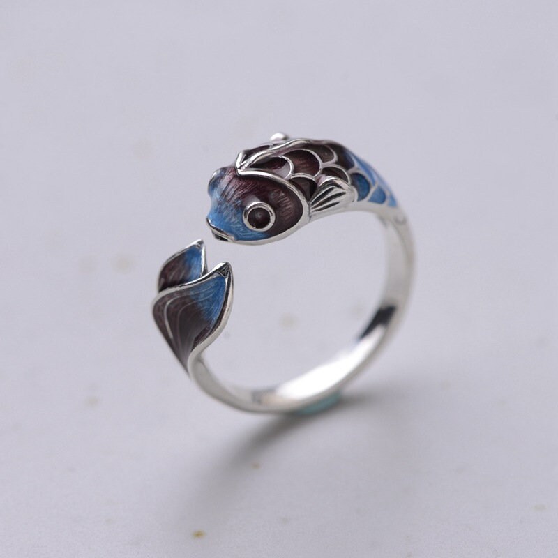 Cloisonne Koi Fish Ring Fine Solid S925 Sterling Silver Open - Etsy