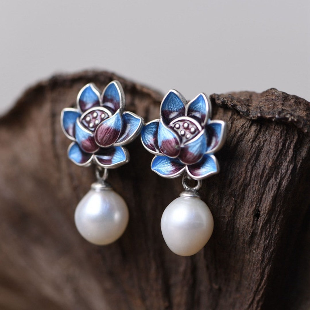 Retro S925 Sterling Silver Lotus Flower Pearl Dangle Earrings - Etsy