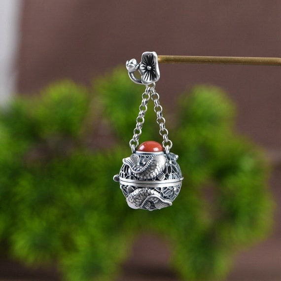 Round Hollow Locket Pendant Retro S925 Sterling Silver Red Agate