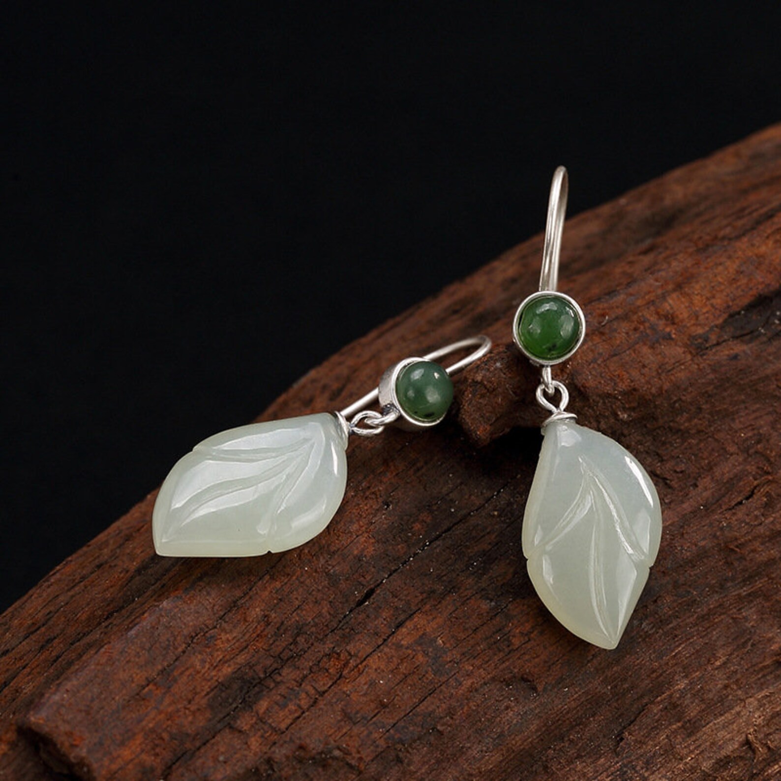 Nephrite jade leaf earrings solid s925 sterling silver natural Etsy