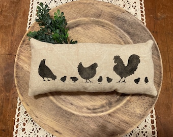 Chicken pillow, canvas farmhouse pillow, chicken decor, chicks, Primitive chicken decor,chicken tiered tray decor