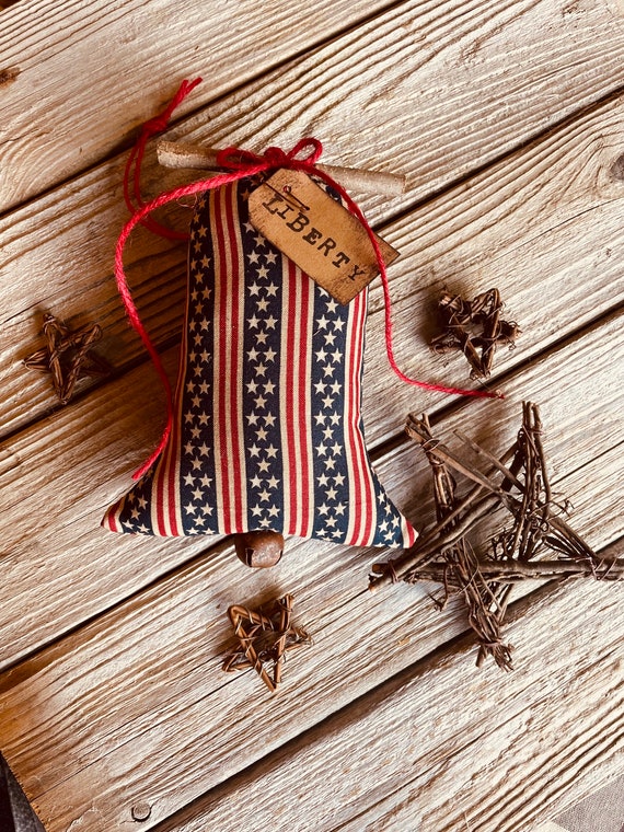 Liberty Bell pillow bowl filler, Americana decor, Red White & Blue decoration, Rustic 4th of July decor, Primitive Americana Fabric USA flag