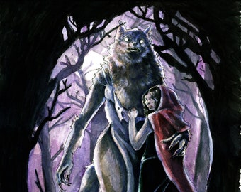 May include: A watercolor painting of a werewolf standing in a dark forest with a young woman in a red hooded cloak. The werewolf is a light gray color with a dark gray muzzle and a fierce expression. The woman is looking at the werewolf with a scared expression. The background is a dark purple color with trees and branches.