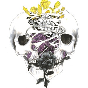 Peut inclure: Un crâne blanc avec des fleurs qui poussent sur sa tête. Les fleurs sont jaunes, blanches, violettes et noires. Le crâne est fendu et les fleurs poussent dans les fissures.