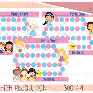 May include: A printable potty training chart featuring a pink and blue design with a row of Disney princesses. The chart has a space for the month and a goal section. The text "Potty Chart" is at the top of the chart.