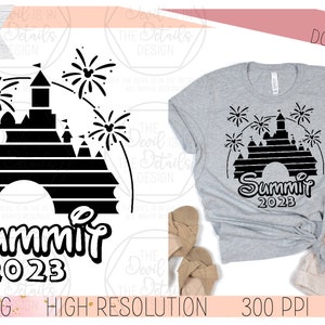 May include: Black and white silhouette of a castle with fireworks, a text overlay says "Summit 2023".  This is a digital download for a t-shirt design.