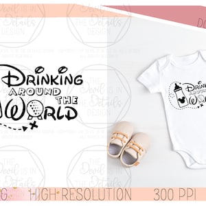 May include: Black and white graphic design of a baby bottle with a Mickey Mouse head on it. The text "Drinking Around the World" is written in a whimsical font.