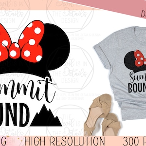 May include: Black and white digital design featuring a silhouette of Mickey Mouse ears with a red bow and white polka dots. The text "Summit Bound" is written in a stylized font with a mountain range below the text.