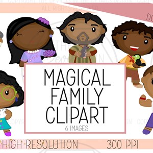 May include: A set of six digital clipart images featuring a multi-generational family. The family members are illustrated in a cartoon style with brown skin and various hairstyles. The images are labeled "Magical Family Clipart" and "6 Images".