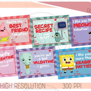 Underwater Sponge Cartoon Kid's Valentine's Day Cards - Digital Design - DIY - Printable