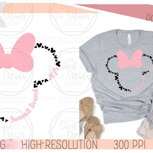 May include: A black and white silhouette of Mickey Mouse's head made of hearts with a pink bow on top. The text "Summit Bound 2023" is written below the silhouette.