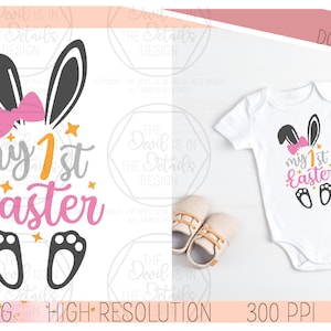 Ma première Pâques avec un noeud - oreilles de lapin et pieds - SVG PNG, fichiers vectoriels - Cricut Silhouette Files - fichiers à téléchargement immédiat