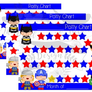 May include: Superhero-themed potty charts with Batman, Thor, Captain America, Wolverine, and Hulk characters. Each chart features a blue header with the text "Potty Chart" and a space to write the month. Red and blue stars are used for tracking.