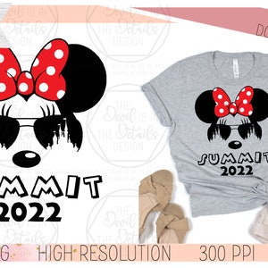 May include: A black and white silhouette of a cartoon mouse with red polka dot bow, sunglasses, and a castle silhouette behind the sunglasses. The text "SUMMIT 2022" is below the mouse.