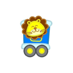 May include: A cartoon illustration of a blue train car with a smiling yellow lion's face. The lion has a brown mane and whiskers. The train has two gray wheels with yellow centers, and a light blue trim.