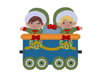 Christmas Train Elves applique machine embroidery design- 3 sizes 4x4", 5x7", 6x10"
