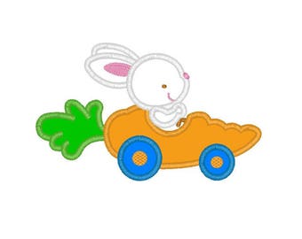 Easter Bunny in Carrot Car applique machine embroidery design- 3 sizes 4x4", 5x7", 6x10"