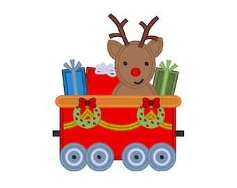 Christmas Train Reindeer applique machine embroidery design- 3 sizes 4x4", 5x7", 6x10"