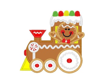 Christmas Gingerbread Train applique machine embroidery design- 3 sizes 4x4", 5x7", 6x10"