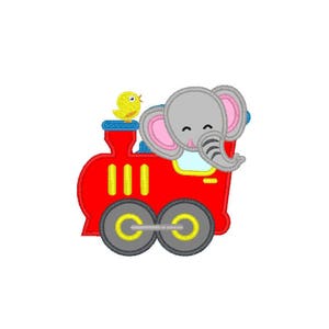 May include: A colorful cartoon train with an elephant and a bird. The train is red with yellow and blue accents, and has two gray wheels. The elephant is gray with pink ears, and the bird is yellow.