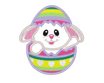 Easter Bunny in Egg applique with fill stitch egg machine embroidery design- 3 sizes 4x4", 5x7", 6x10"