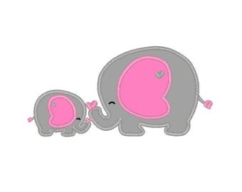 Elephant Mother and Baby applique machine embroidery design- 3 sizes 4x4", 5x7", 6x10"